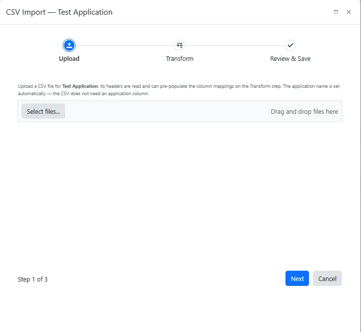 Screenshot – Create Application and Start Import