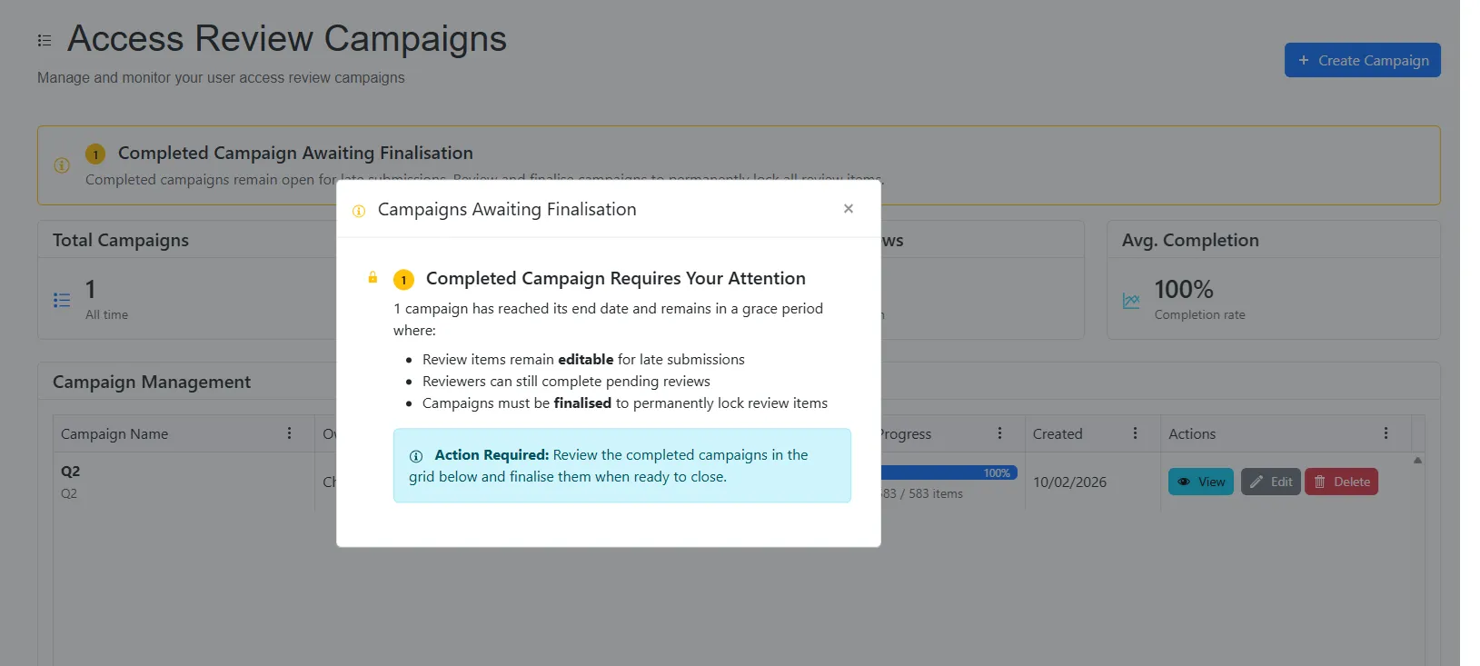 Completed Campaign warning banner 
