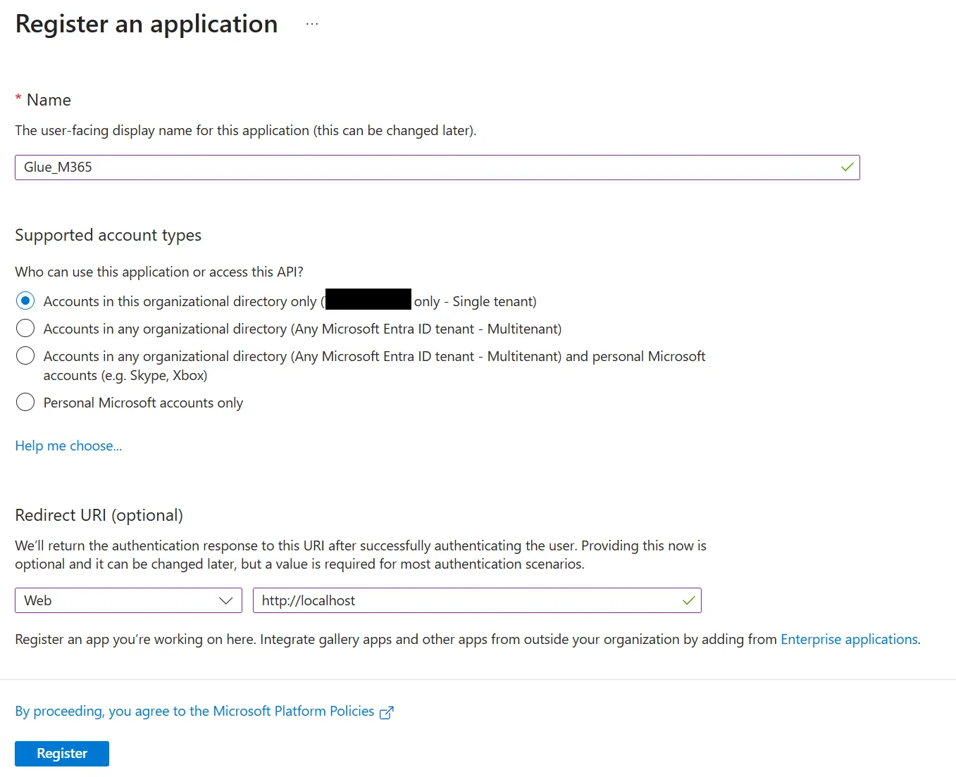 Create a new app in Azure AD called Glue_M365 with a web redirect URI of http://localhost.