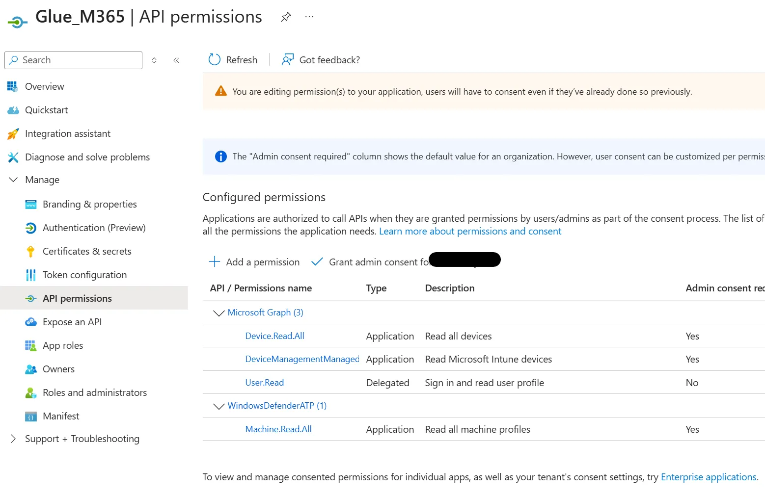 Under API permissions add the required permissions and grant admin consent