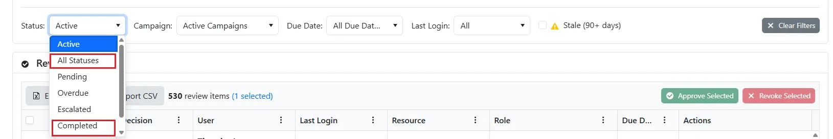 Status Filter Set to Completed or All Statuses