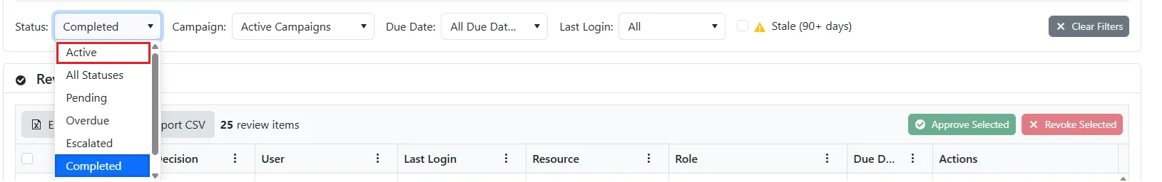 Status Filter Set to Active