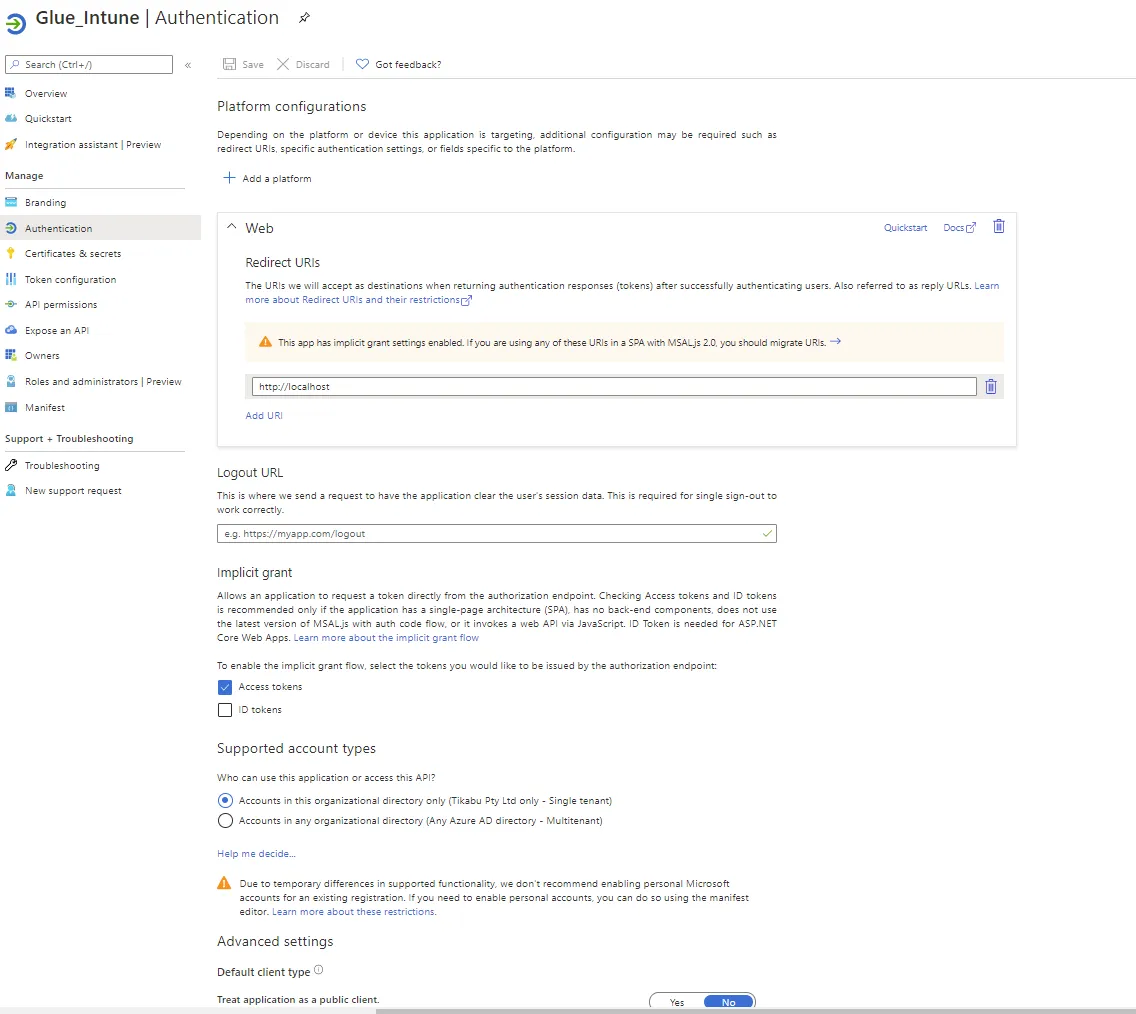 Create a new app in Azure AD called Glue_Intune with a web redirect URI of http://localhost. Make sure to tick &#x27;Access Tokens&#x27;