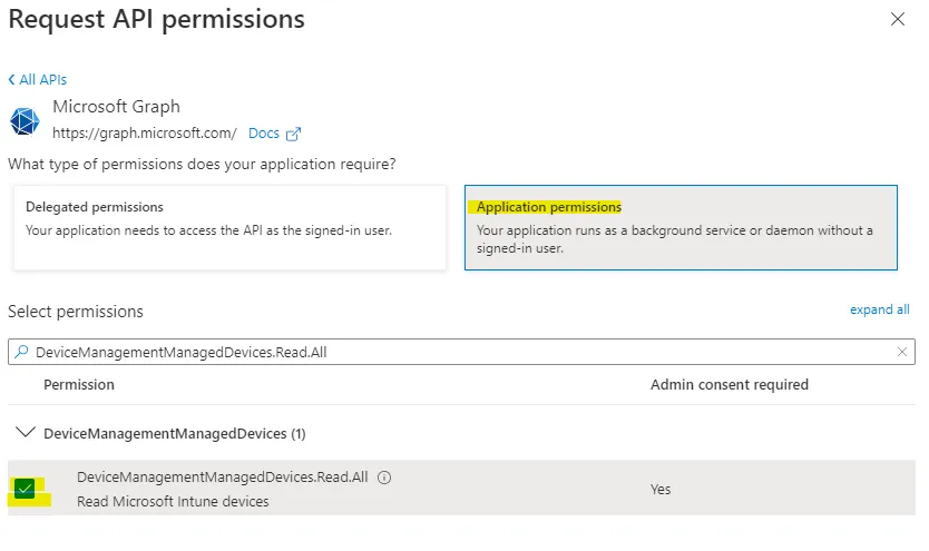 Make sure to select &#x27;Application Permissions&#x27;